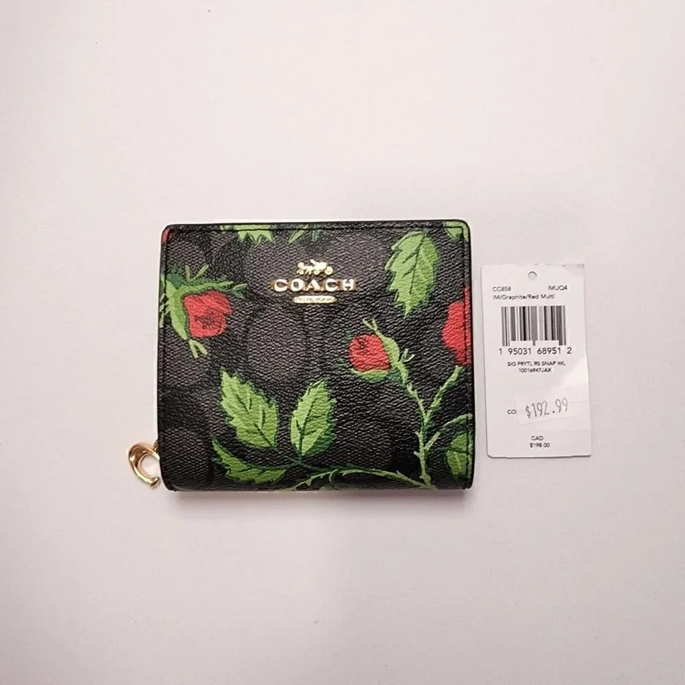 NWT Coach CC858 Snap Wallet In Signature Canvas With Fairytale Rose Print